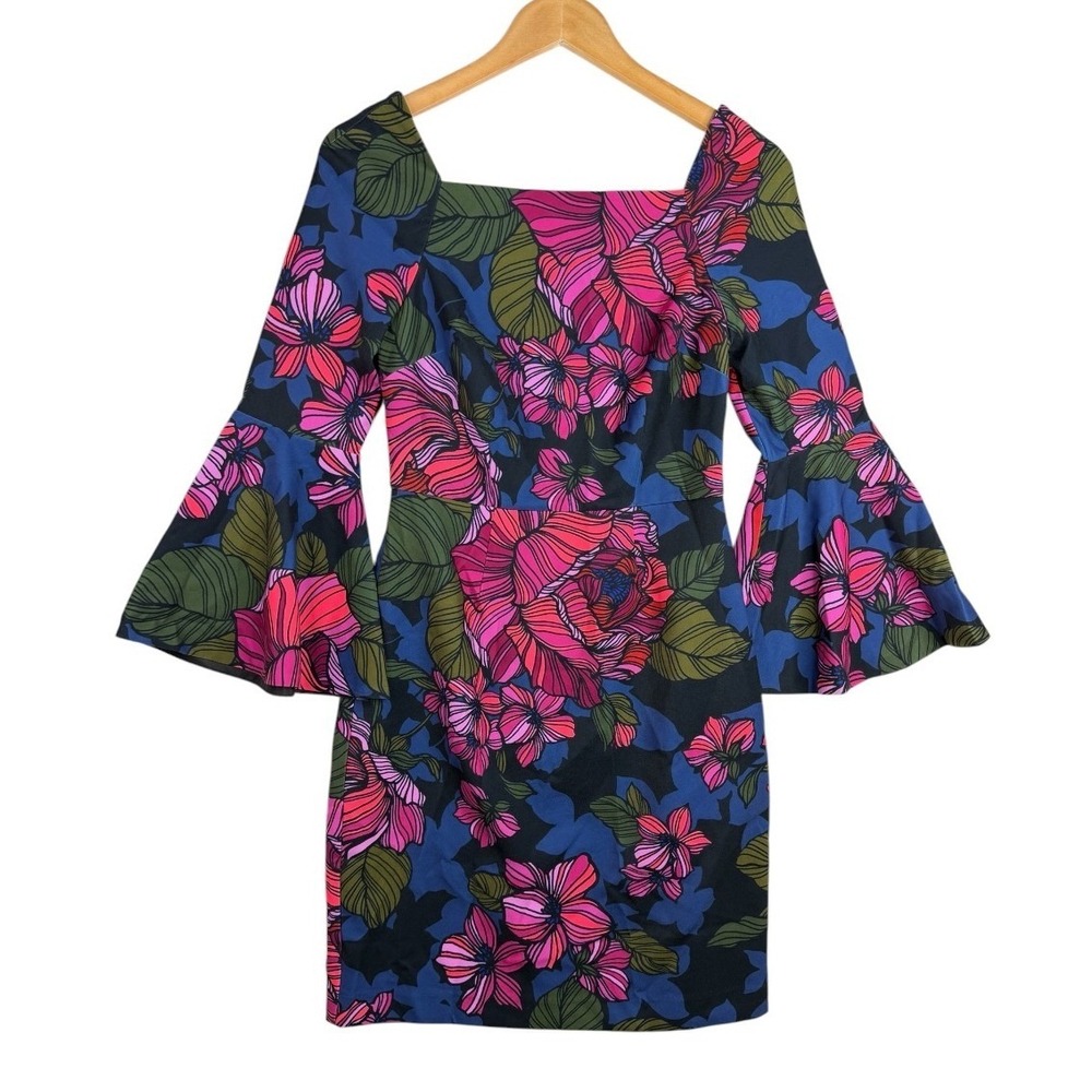 NWT Trina Turk Floral Print "Miley" Square Neck Bell Sleeve Sheath Dress size 0